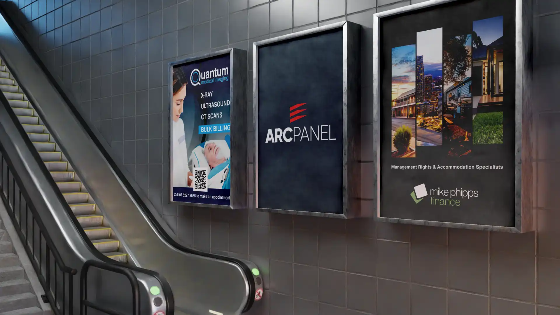 Shopping centre signage showing three local business posters designed by IC Creative Design