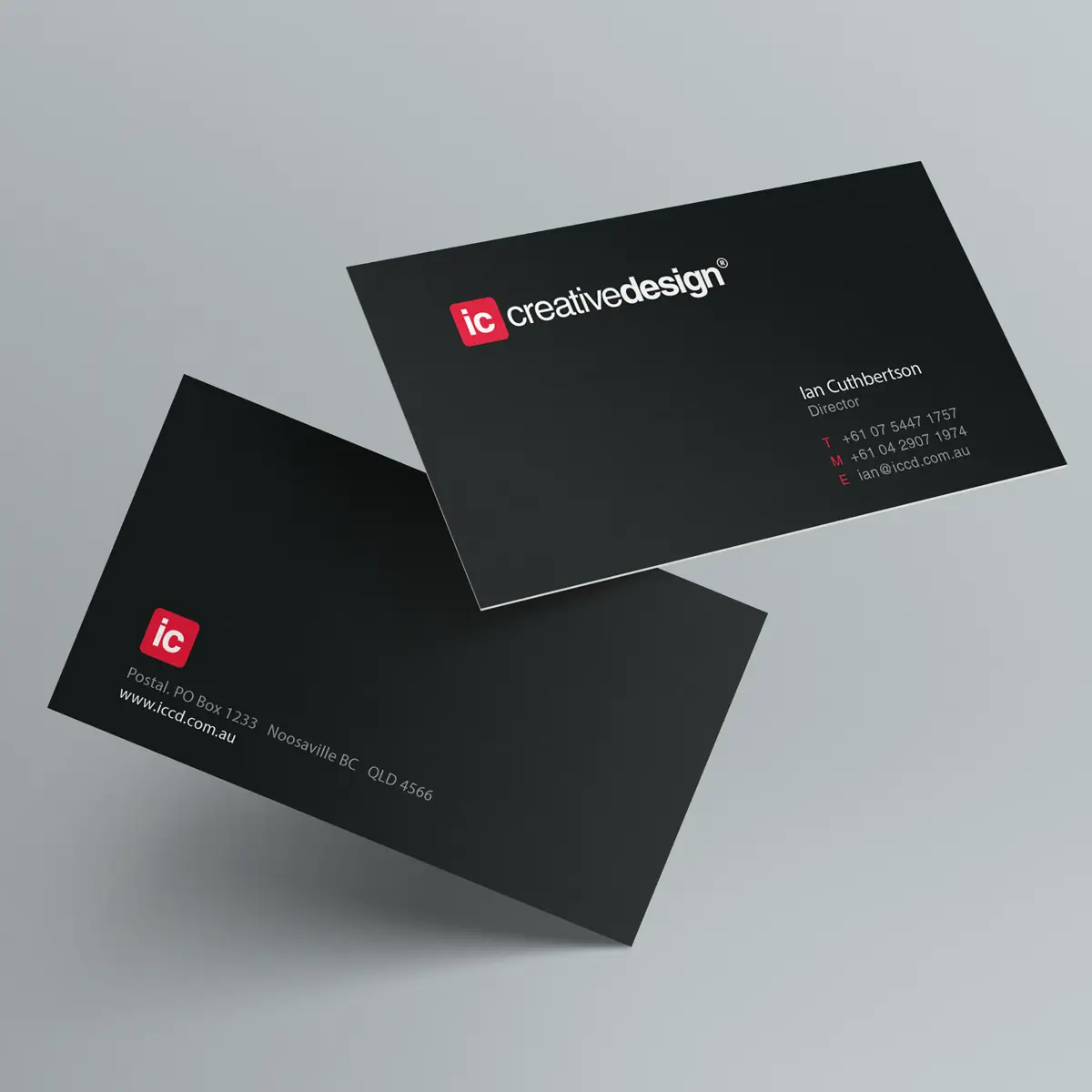 IC Creative Design business card design featuring a sleek black layout with the red ‘ic’ logo, created at our Noosa design studio.