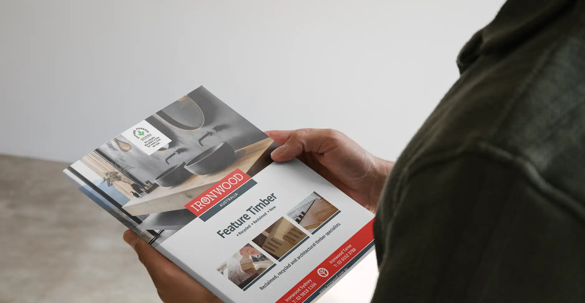 Printed brochure design showcasing professional layout, typography and imagery for an Australian timber brand.