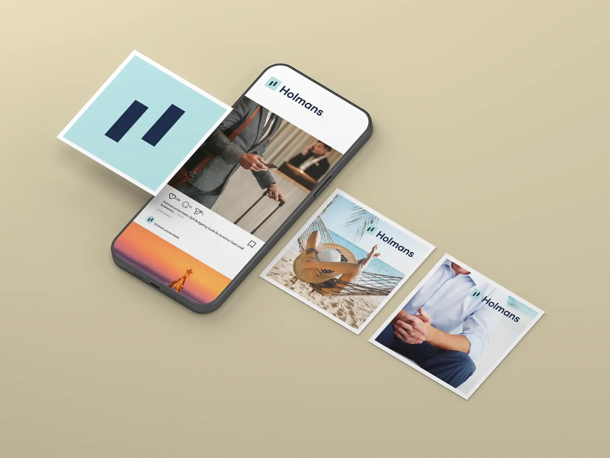 Digital design mockup showing branded social media posts displayed across a smartphone and digital cards