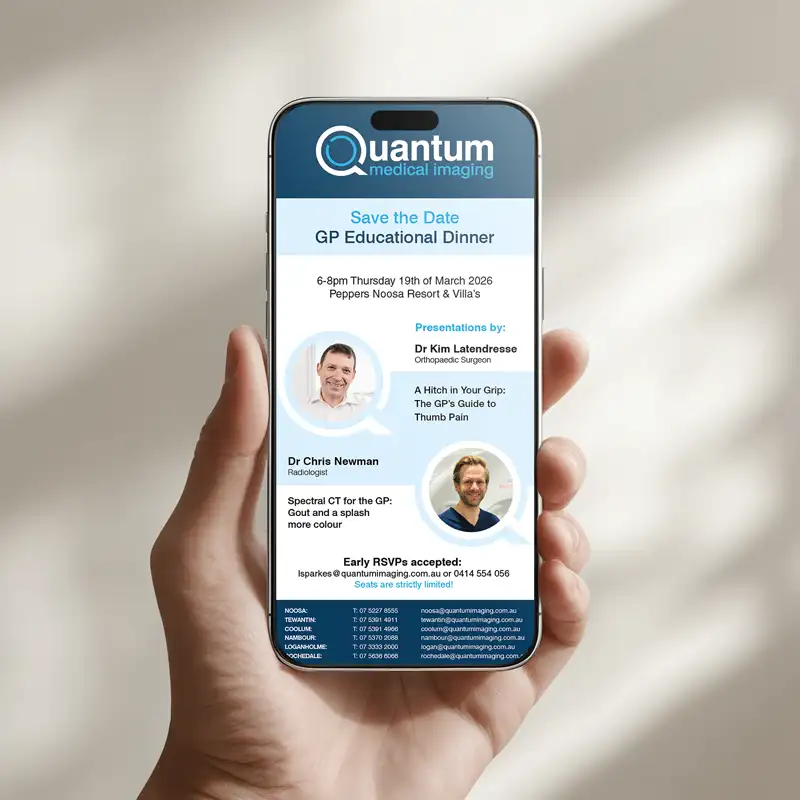 Email campaign design displayed on a mobile device for Quantum Medical Imaging