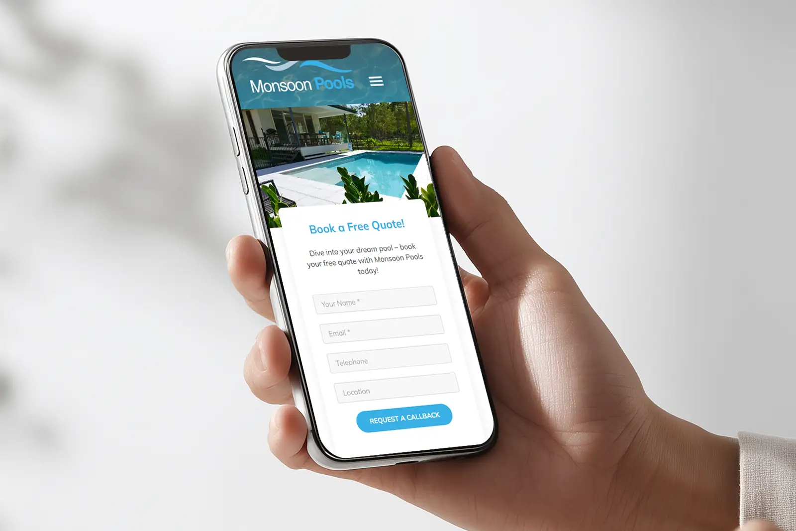 small business branding – Monsoon Pools mobile website with enquiry call to action