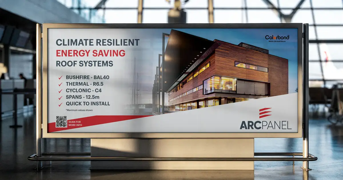 Large-format advertising signage design for ARCPANEL displayed in a public interior space