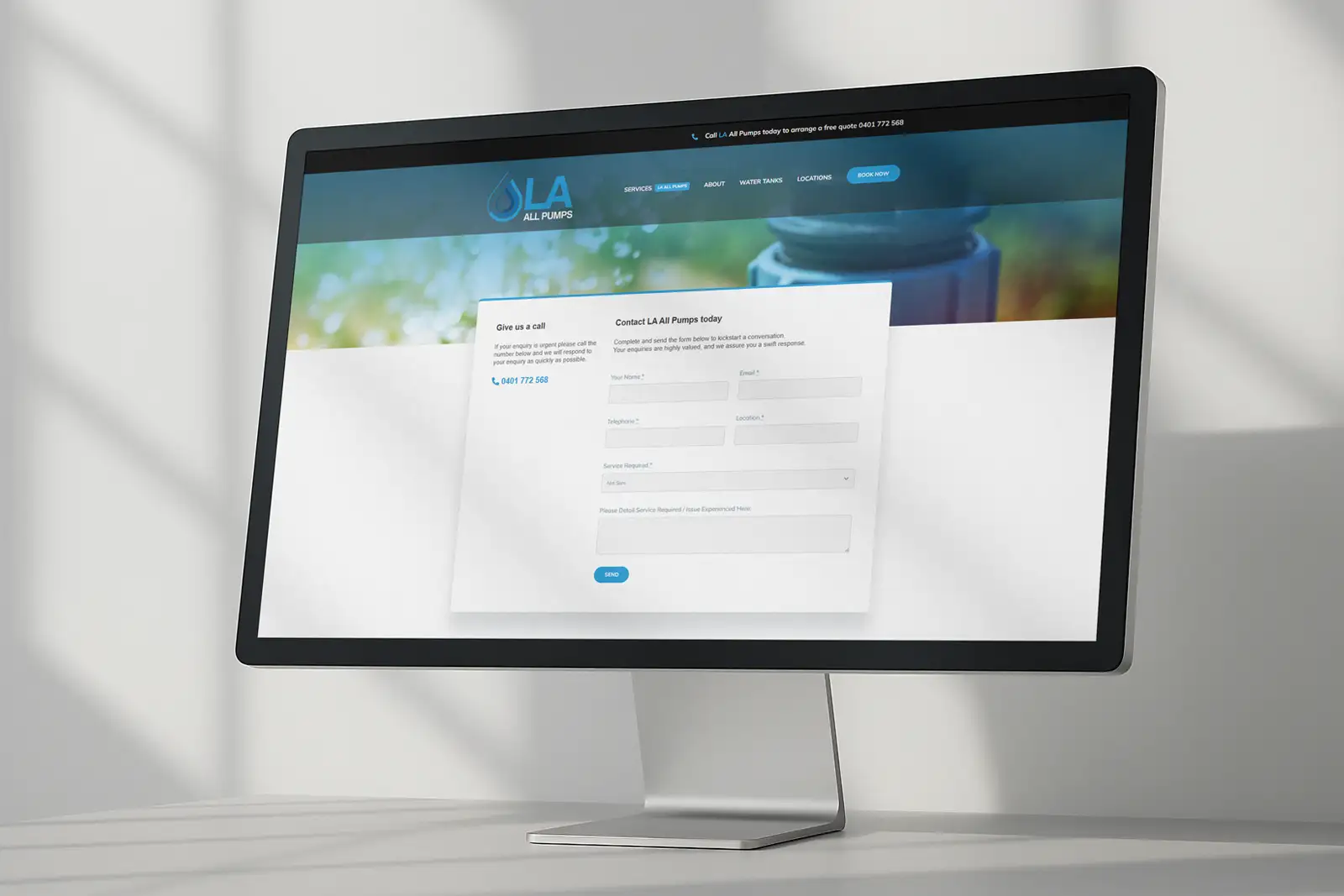 LA All Pumps contact page displayed on desktop showing enquiry form